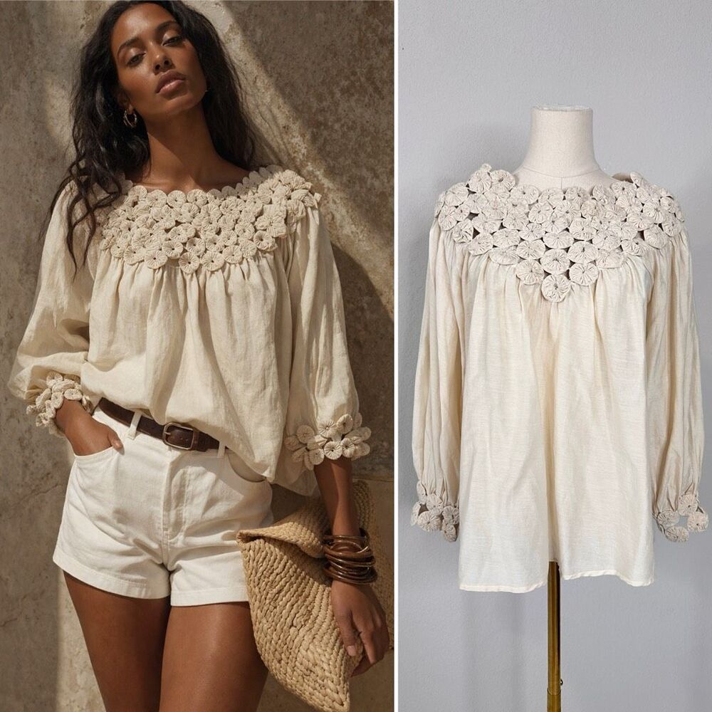Boho Crochet Yoke Peasant Blouse - Cream